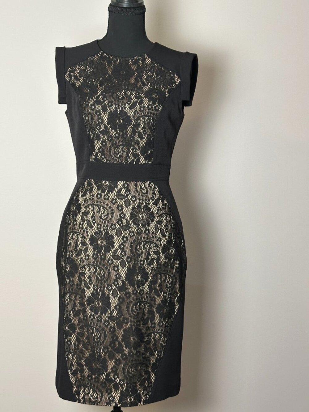 Adrianna Papell Black Lace Nude Illusion Cap Sleeve Sheath Dress Size 4